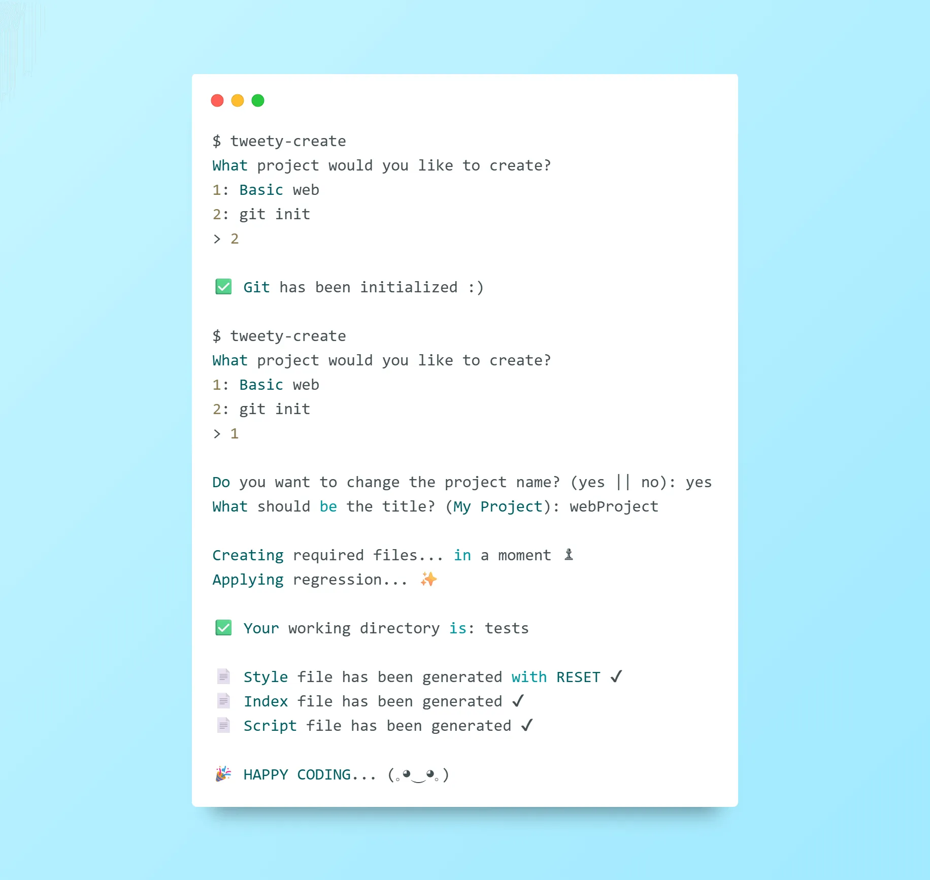 Tweety-create CLI command execution