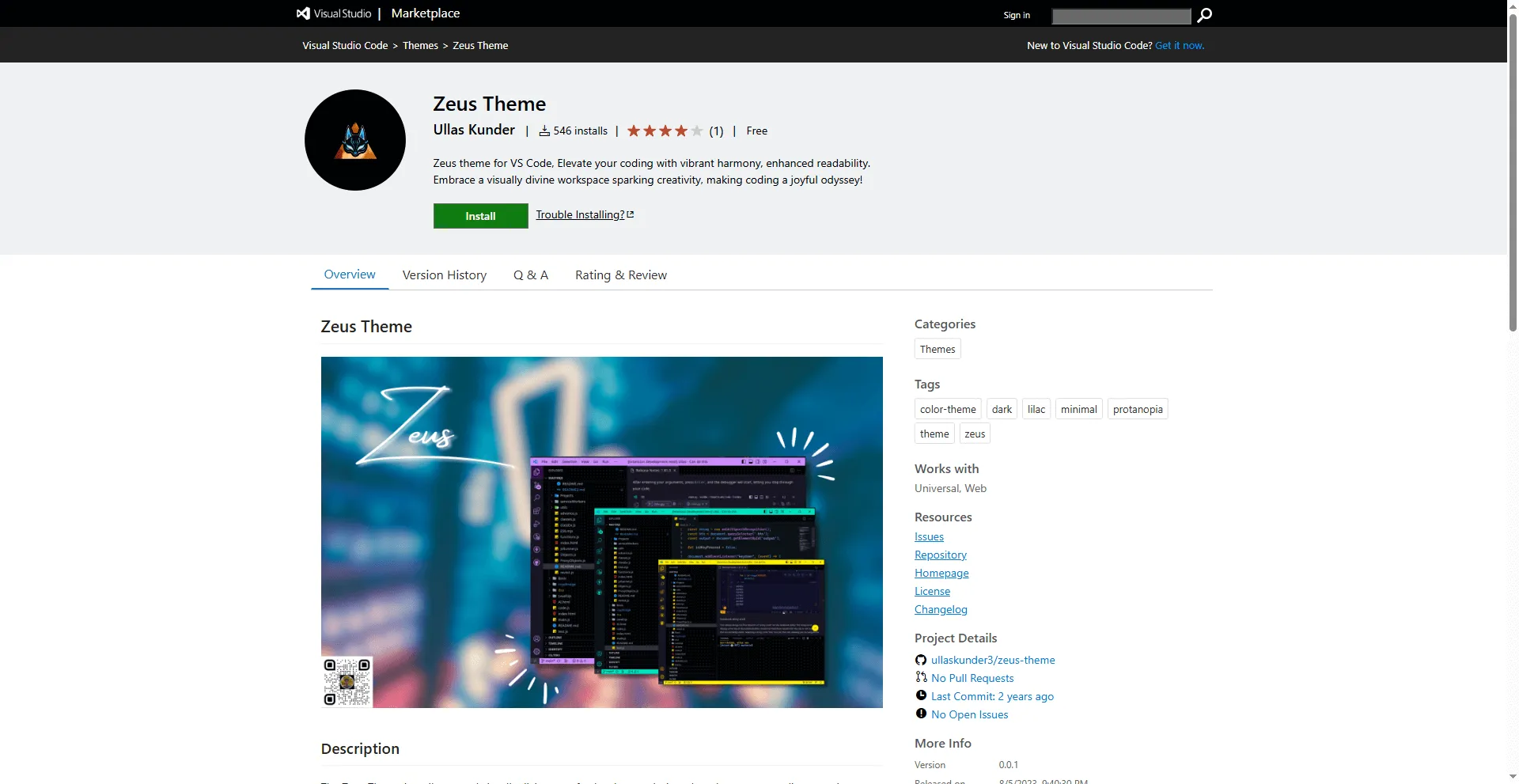 Zeus Theme extension in VS Code Marketplace